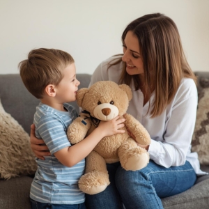 Happy young boy hugging his teddy bear, caregiver smiling beside him