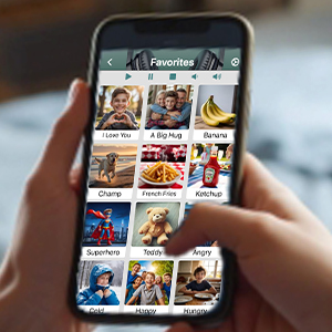 Favorites screen with grid of personalized icons, finger tapping teddy bear button