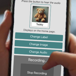 Proclaim AAC recording screen with teddy bear preview and voice recording active