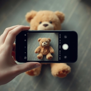 Smartphone camera framing a teddy bear on a table
